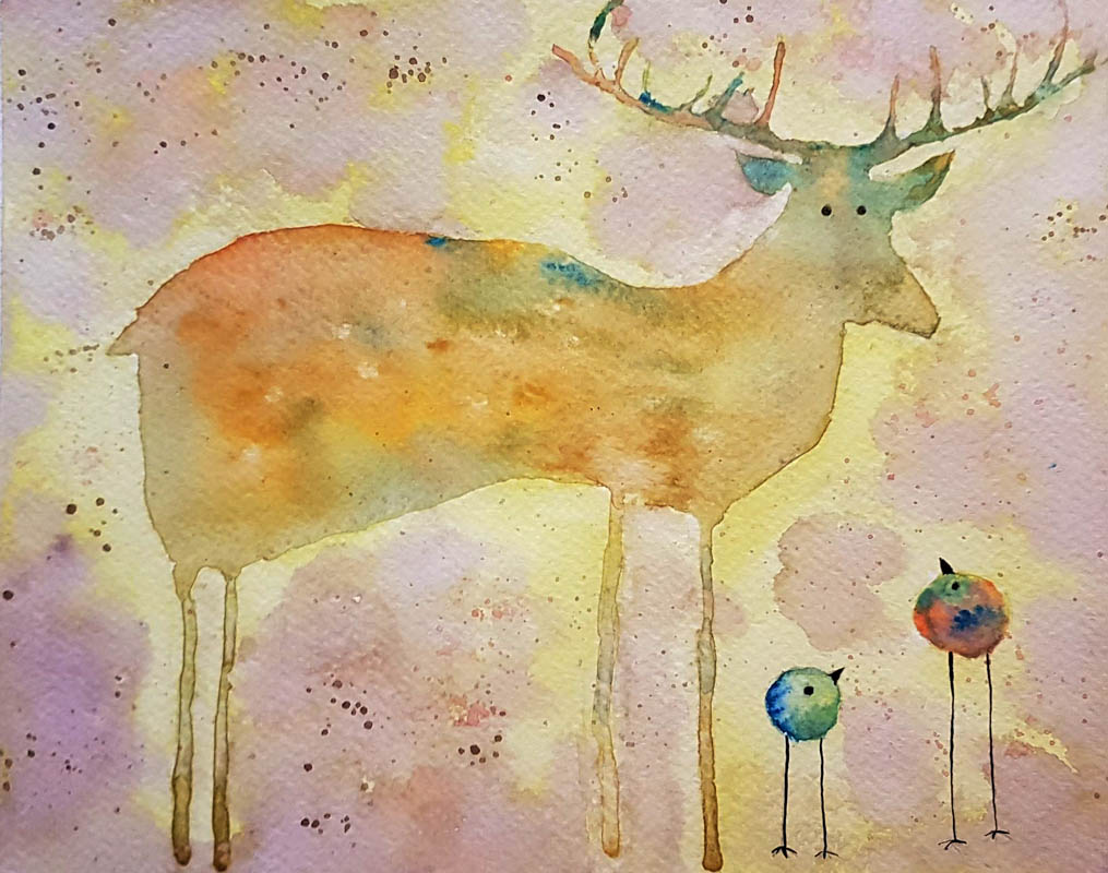 Whimsical watercolor painting of a deer and two birds