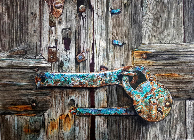 Watercolour painting of a rusty lock on an old barn wall