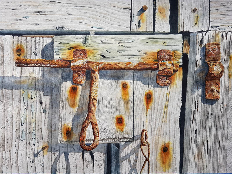 Watercolour painting of a rusty latch on an old barn wall