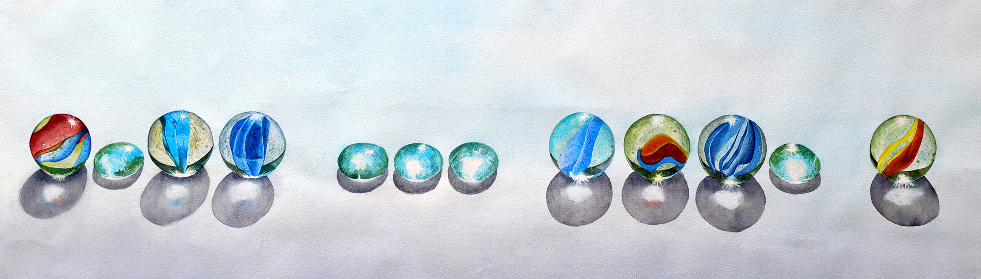 Watercolour painting by David Desormeaux of a group of marbles