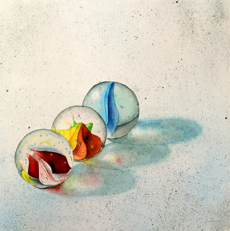 Watercolour painting by David Desormeaux of a group of marbles