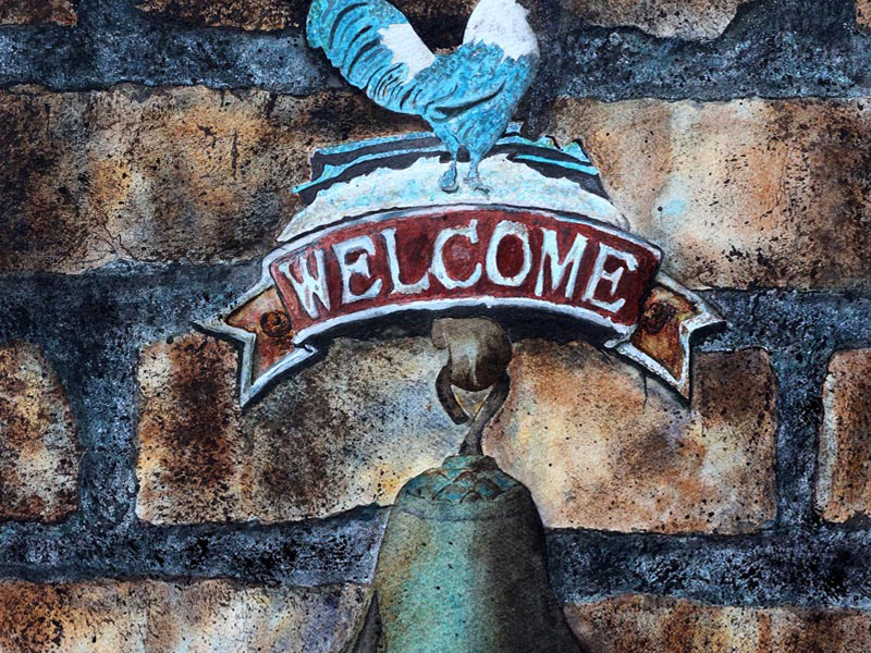 Watercolour painting of a vintage rooster welcome sign with rusty bell on old brick wall