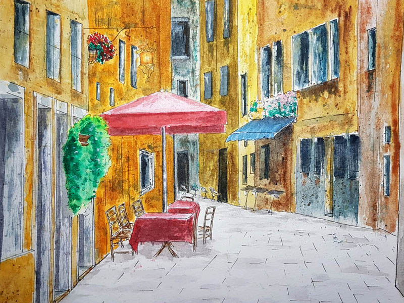Watercolour painting of a cafe in Venice