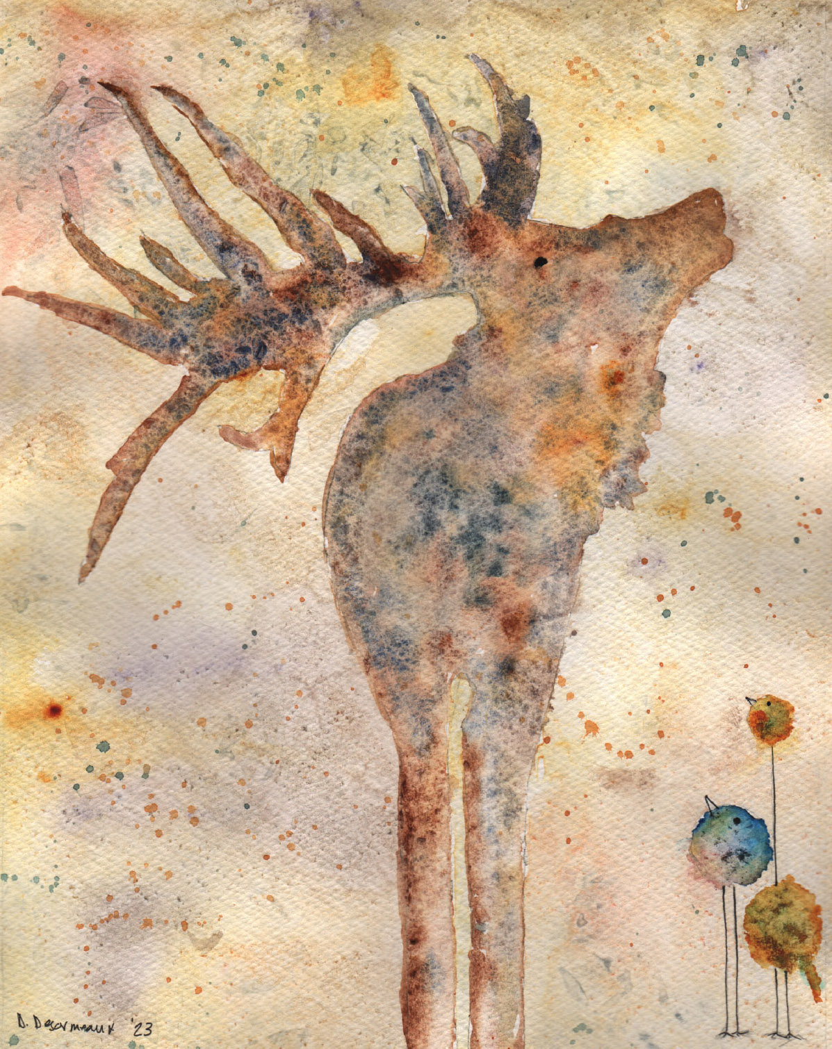 Whimsical watercolour painting of an elk and two birds