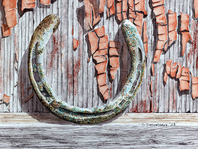 Watercolour painting by David Desormeaux of a horseshoe sitting on a wooden ledge