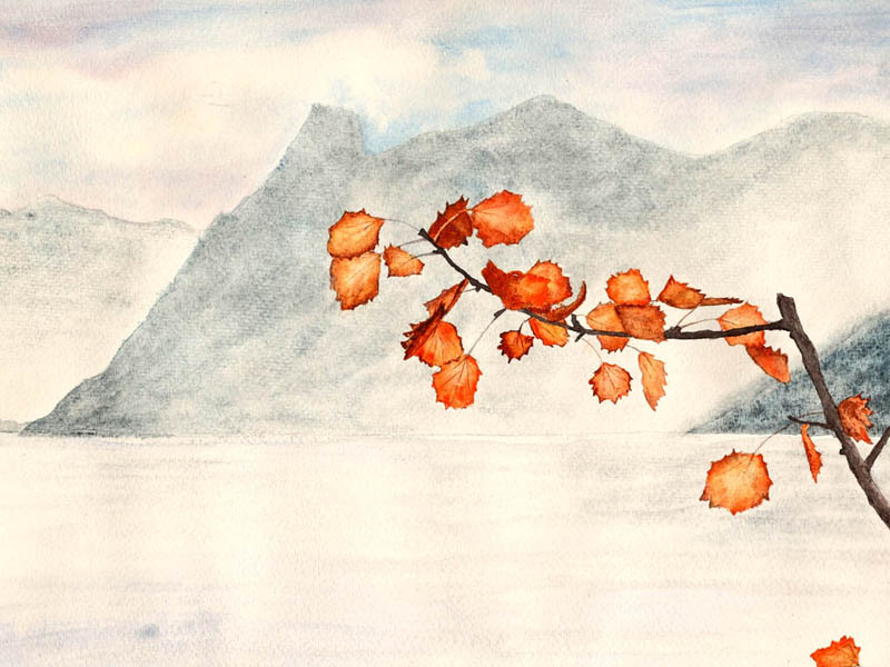 Watercolour painting by David Desormeaux of an oak branch with a mountain lake in the background