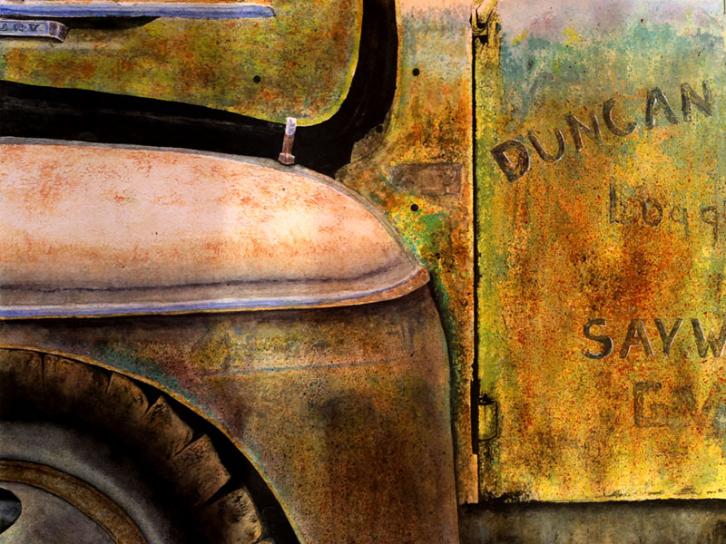 Watercolour painting by David Desormeaux of a rusty truck